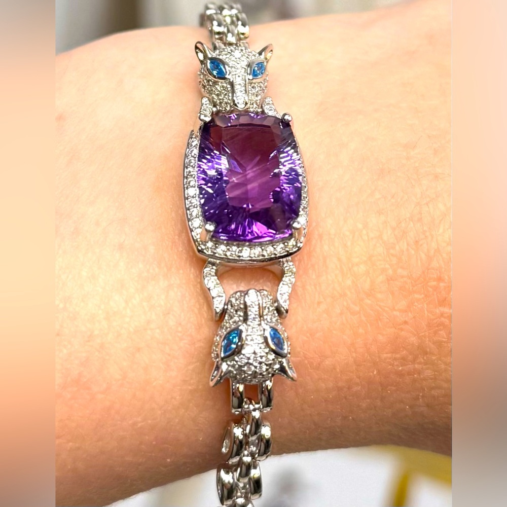 BA4 8.5CT Natural Amethyst PANTHER Bracelet Rhodium plated Sterling Silver S925